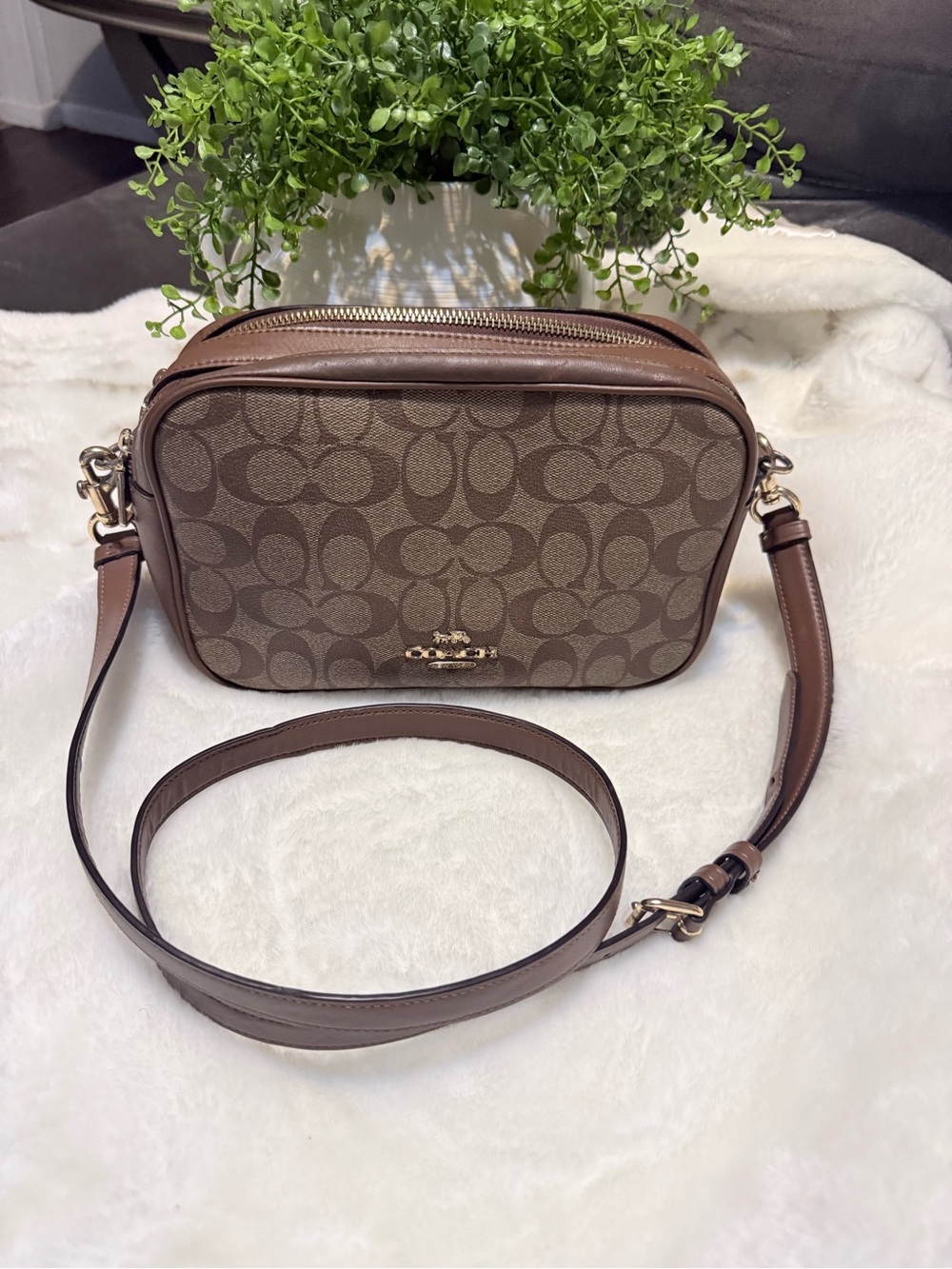 Coach Brown Signature Canvas Camera Crossbody with Leather Trim